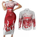 Personalized Dolphins Couples Matching Short Sleeve Bodycon Dress and Long Sleeve Button Shirt Y2K Grunge Aesthetic With Cyber Flames and Starburst Graphics