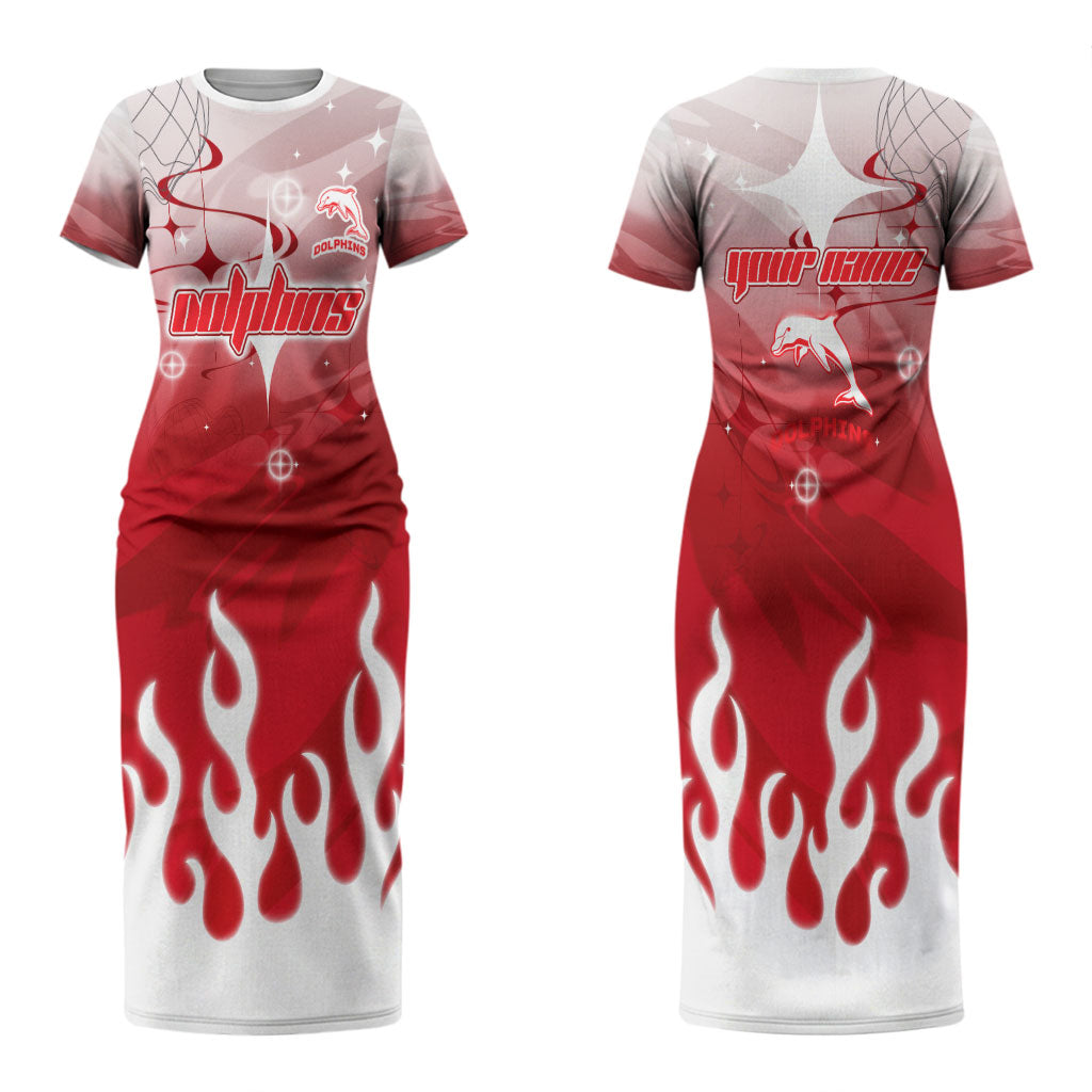 Personalized Dolphins Couples Matching Short Sleeve Bodycon Dress and Long Sleeve Button Shirt Y2K Grunge Aesthetic With Cyber Flames and Starburst Graphics