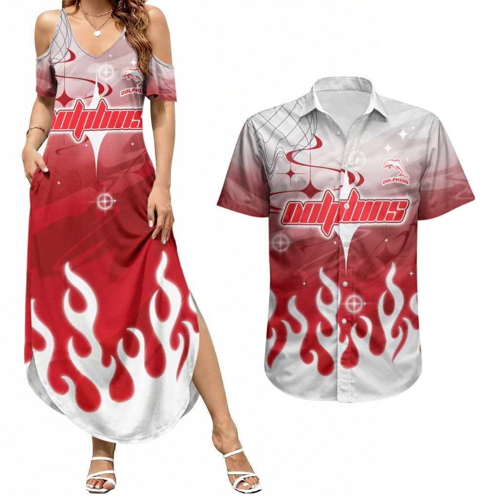 Personalized Dolphins Couples Matching Summer Maxi Dress and Hawaiian Shirt Y2K Grunge Aesthetic With Cyber Flames and Starburst Graphics