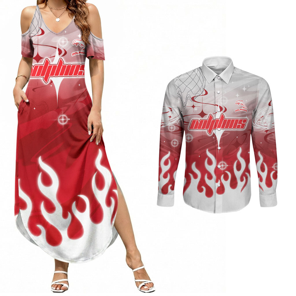 Personalized Dolphins Couples Matching Summer Maxi Dress and Long Sleeve Button Shirt Y2K Grunge Aesthetic With Cyber Flames and Starburst Graphics