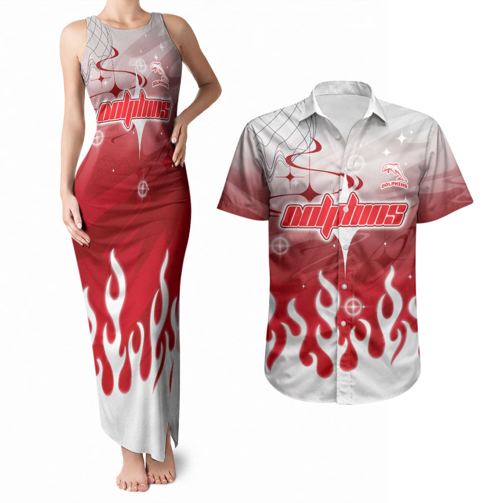 Personalized Dolphins Couples Matching Tank Maxi Dress and Hawaiian Shirt Y2K Grunge Aesthetic With Cyber Flames and Starburst Graphics