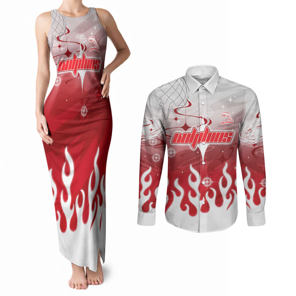 Personalized Dolphins Couples Matching Tank Maxi Dress and Long Sleeve Button Shirt Y2K Grunge Aesthetic With Cyber Flames and Starburst Graphics