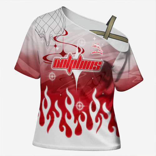 Personalized Dolphins Cross Shoulder Shirt Y2K Grunge Aesthetic With Cyber Flames and Starburst Graphics