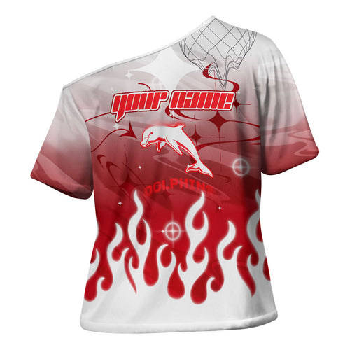 Personalized Dolphins Cross Shoulder Shirt Y2K Grunge Aesthetic With Cyber Flames and Starburst Graphics