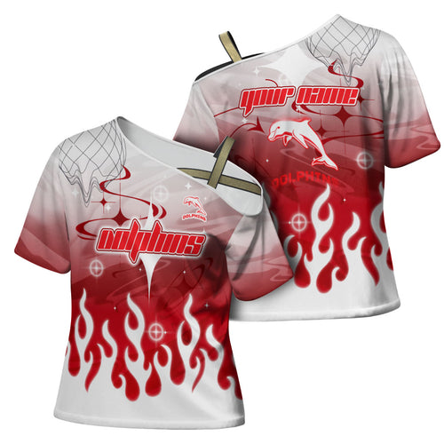 Personalized Dolphins Cross Shoulder Shirt Y2K Grunge Aesthetic With Cyber Flames and Starburst Graphics