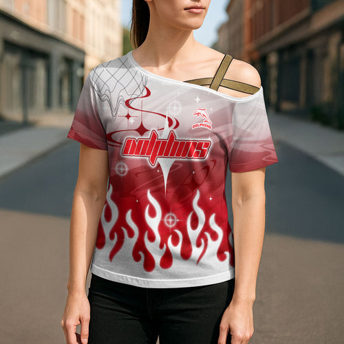 Personalized Dolphins Cross Shoulder Shirt Y2K Grunge Aesthetic With Cyber Flames and Starburst Graphics