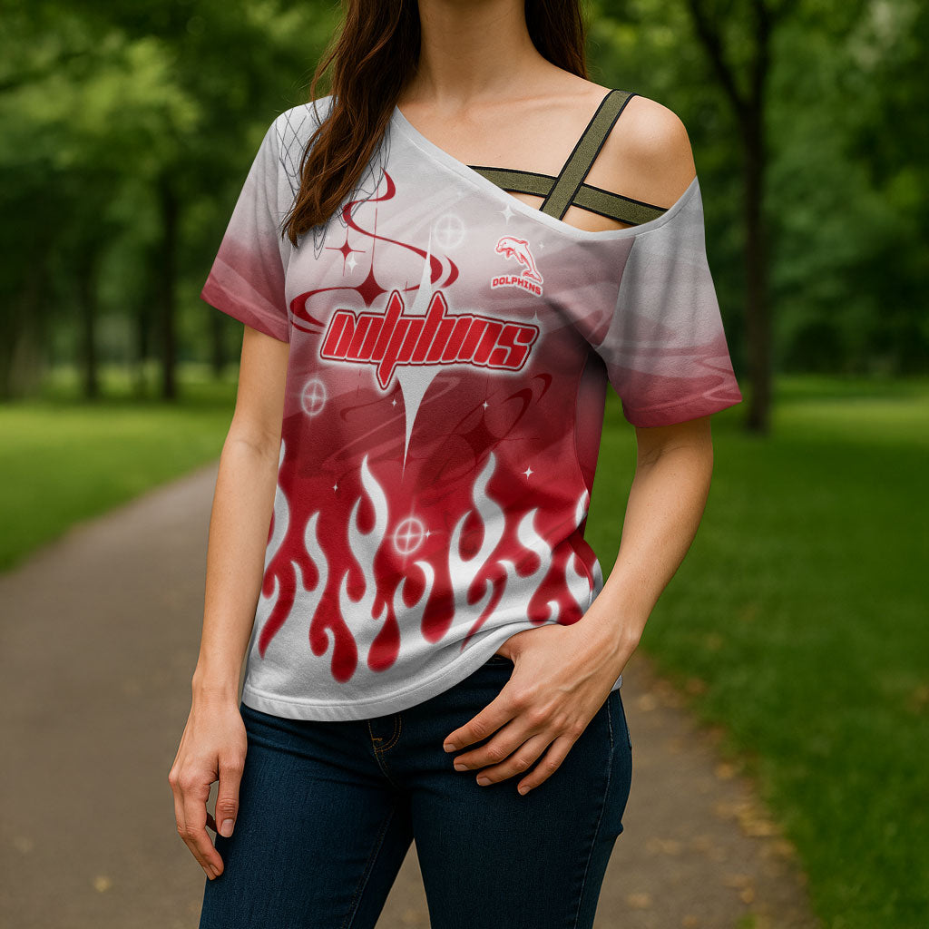 Personalized Dolphins Cross Shoulder Shirt Y2K Grunge Aesthetic With Cyber Flames and Starburst Graphics