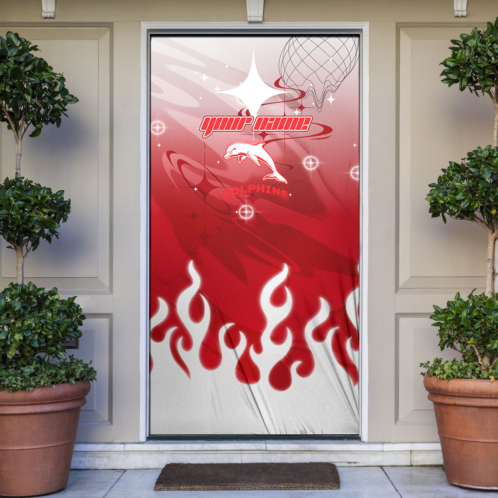 Personalized Dolphins Door Cover Y2K Grunge Aesthetic With Cyber Flames and Starburst Graphics