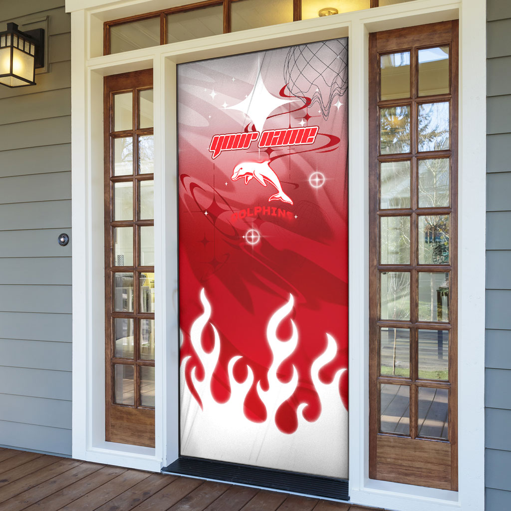 Personalized Dolphins Door Cover Y2K Grunge Aesthetic With Cyber Flames and Starburst Graphics