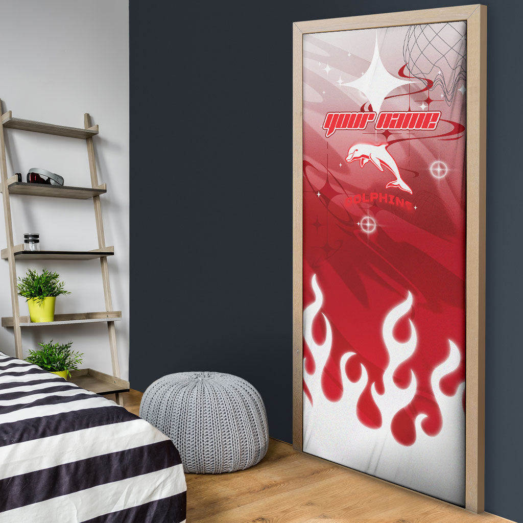 Personalized Dolphins Door Cover Y2K Grunge Aesthetic With Cyber Flames and Starburst Graphics