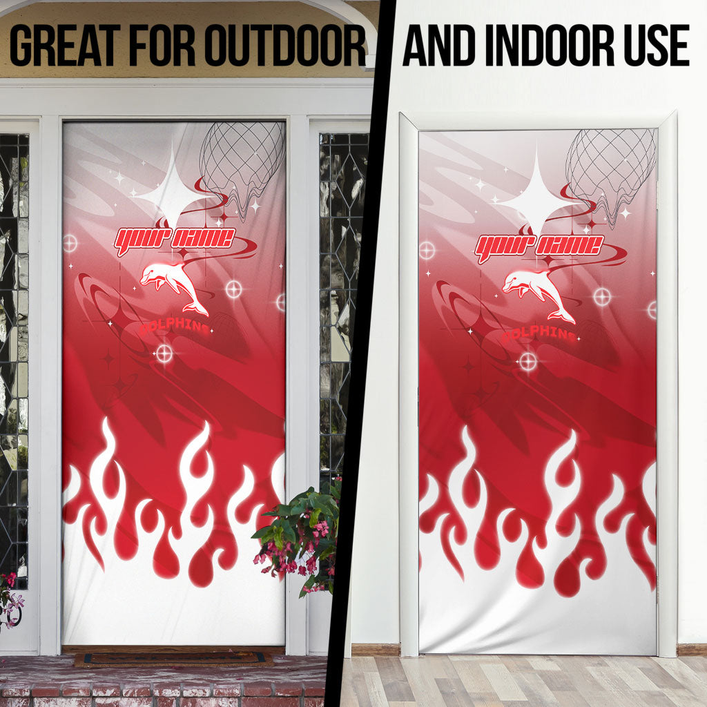 Personalized Dolphins Door Cover Y2K Grunge Aesthetic With Cyber Flames and Starburst Graphics