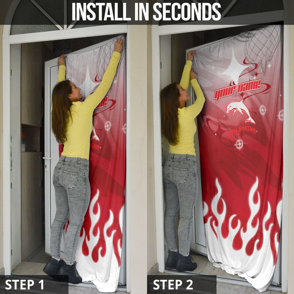 Personalized Dolphins Door Cover Y2K Grunge Aesthetic With Cyber Flames and Starburst Graphics