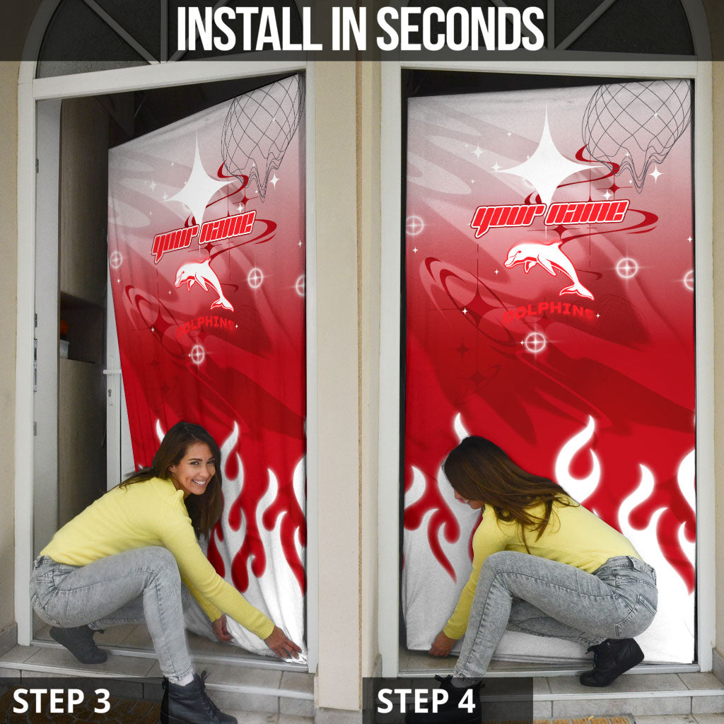 Personalized Dolphins Door Cover Y2K Grunge Aesthetic With Cyber Flames and Starburst Graphics