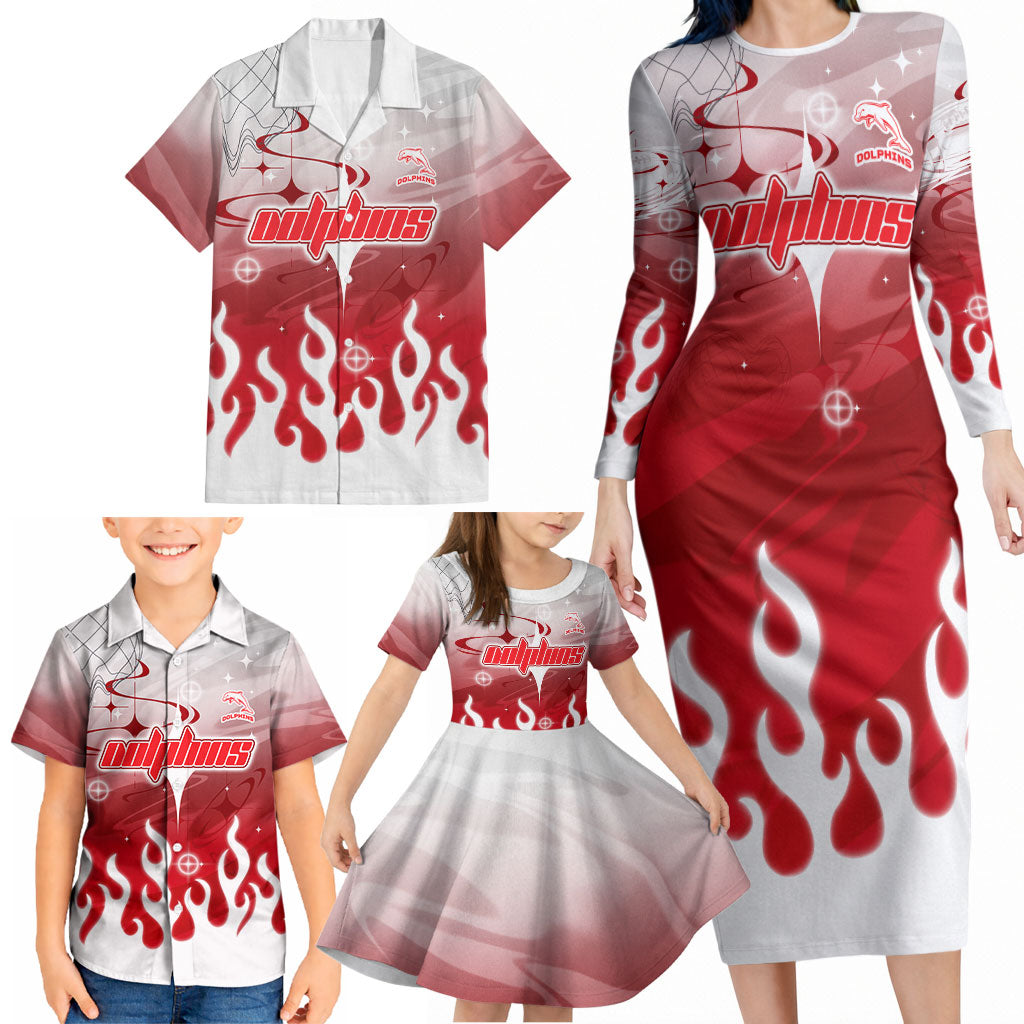 Personalized Dolphins Family Matching Long Sleeve Bodycon Dress and Hawaiian Shirt Y2K Grunge Aesthetic With Cyber Flames and Starburst Graphics