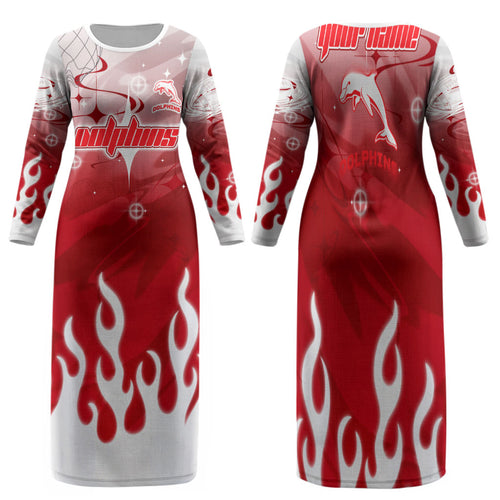 Personalized Dolphins Family Matching Long Sleeve Bodycon Dress and Hawaiian Shirt Y2K Grunge Aesthetic With Cyber Flames and Starburst Graphics