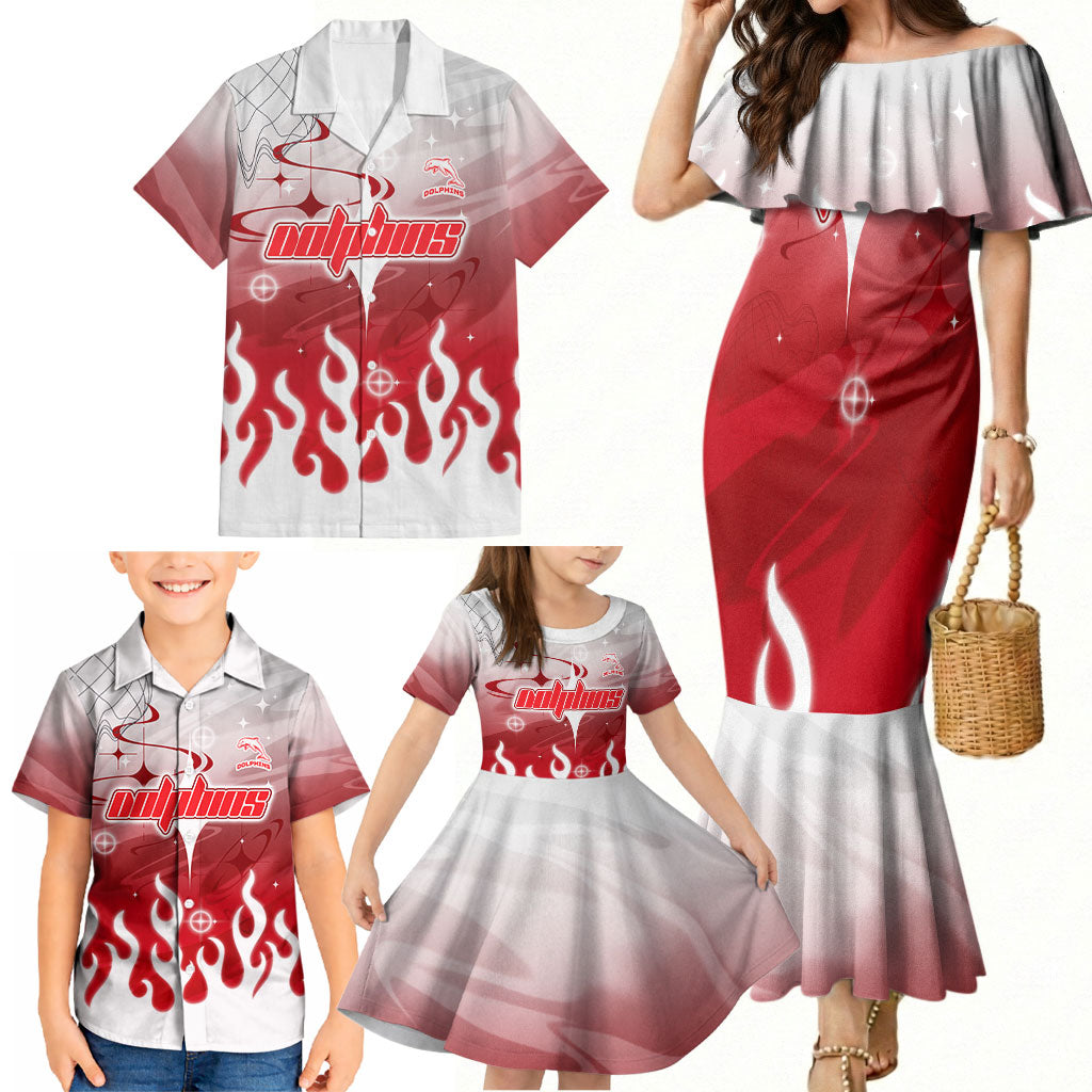 Personalized Dolphins Family Matching Mermaid Dress and Hawaiian Shirt Y2K Grunge Aesthetic With Cyber Flames and Starburst Graphics