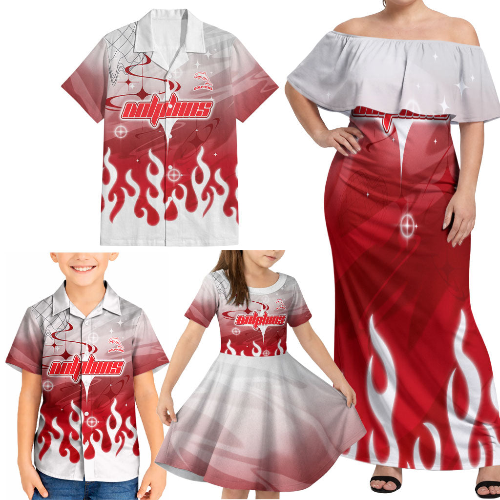 Personalized Dolphins Family Matching Off Shoulder Maxi Dress and Hawaiian Shirt Y2K Grunge Aesthetic With Cyber Flames and Starburst Graphics