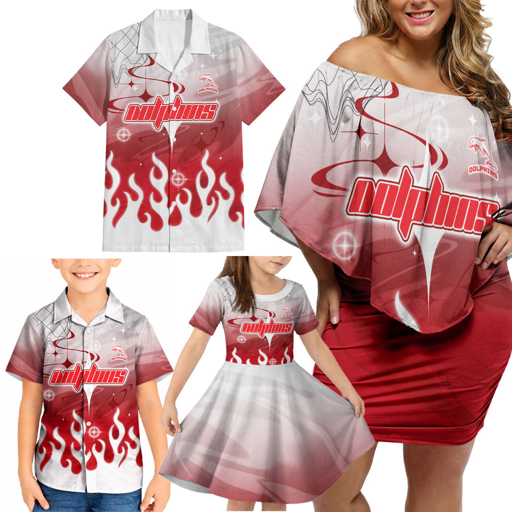 Personalized Dolphins Family Matching Off Shoulder Short Dress and Hawaiian Shirt Y2K Grunge Aesthetic With Cyber Flames and Starburst Graphics