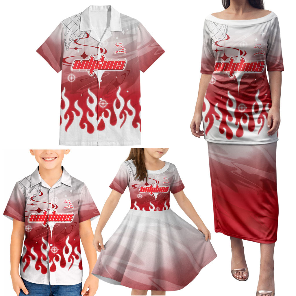 Personalized Dolphins Family Matching Puletasi and Hawaiian Shirt Y2K Grunge Aesthetic With Cyber Flames and Starburst Graphics