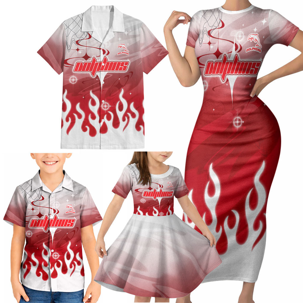 Personalized Dolphins Family Matching Short Sleeve Bodycon Dress and Hawaiian Shirt Y2K Grunge Aesthetic With Cyber Flames and Starburst Graphics