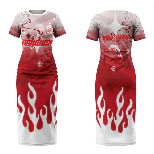 Personalized Dolphins Family Matching Short Sleeve Bodycon Dress and Hawaiian Shirt Y2K Grunge Aesthetic With Cyber Flames and Starburst Graphics