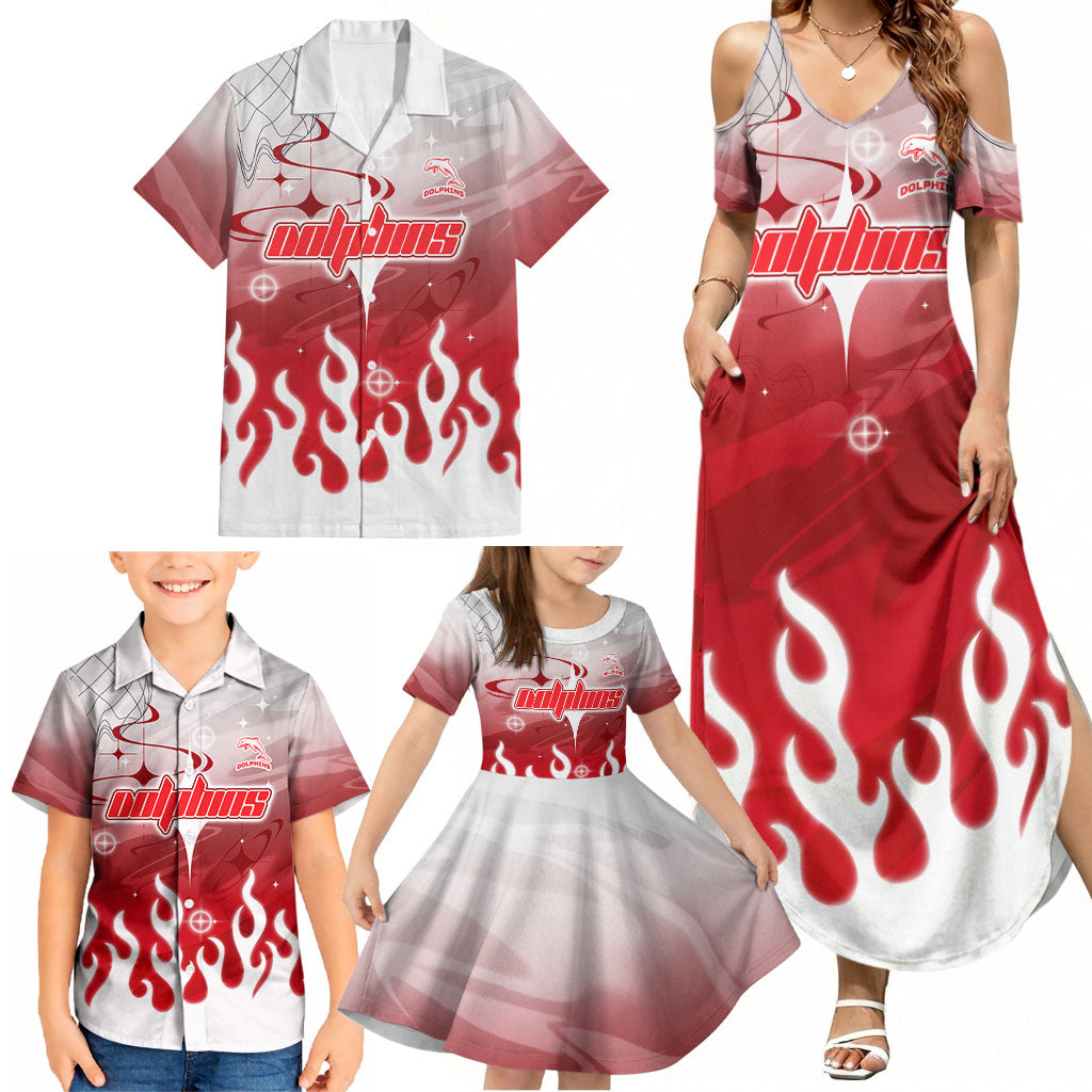 Personalized Dolphins Family Matching Summer Maxi Dress and Hawaiian Shirt Y2K Grunge Aesthetic With Cyber Flames and Starburst Graphics
