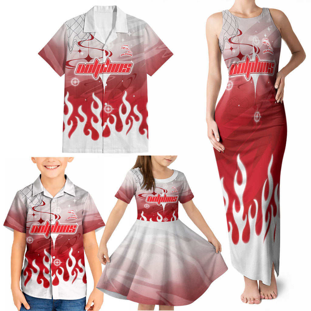 Personalized Dolphins Family Matching Tank Maxi Dress and Hawaiian Shirt Y2K Grunge Aesthetic With Cyber Flames and Starburst Graphics