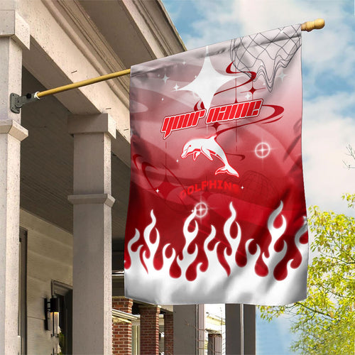 Personalized Dolphins Garden Flag Y2K Grunge Aesthetic With Cyber Flames and Starburst Graphics