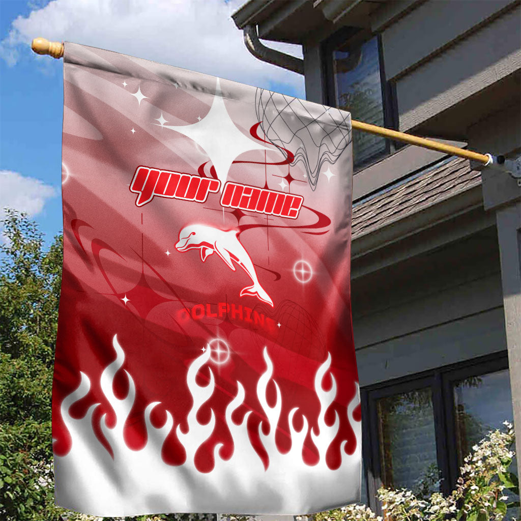 Personalized Dolphins Garden Flag Y2K Grunge Aesthetic With Cyber Flames and Starburst Graphics