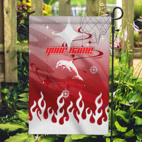 Personalized Dolphins Garden Flag Y2K Grunge Aesthetic With Cyber Flames and Starburst Graphics