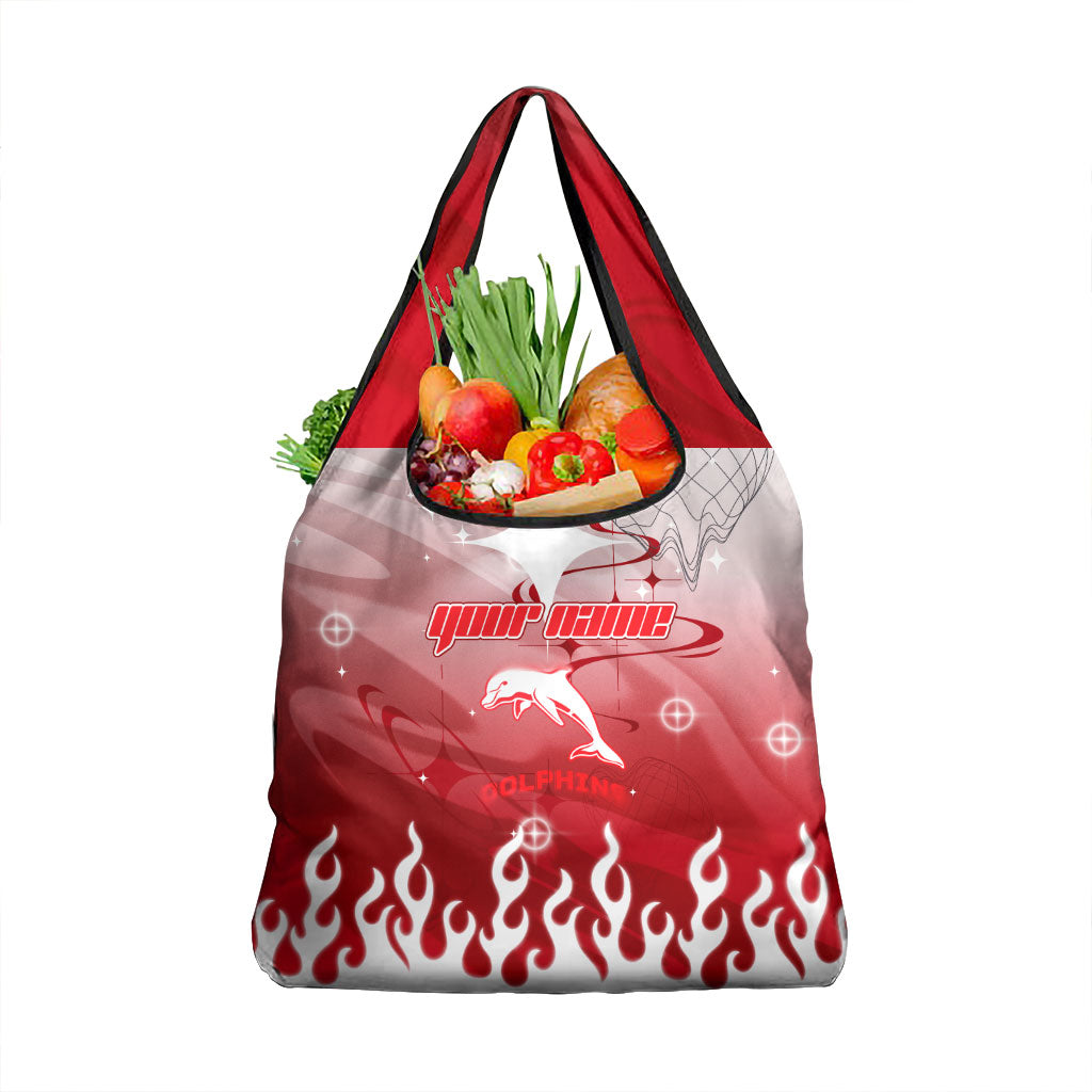 Personalized Dolphins Grocery Bag Y2K Grunge Aesthetic With Cyber Flames and Starburst Graphics