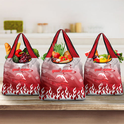 Personalized Dolphins Grocery Bag Y2K Grunge Aesthetic With Cyber Flames and Starburst Graphics