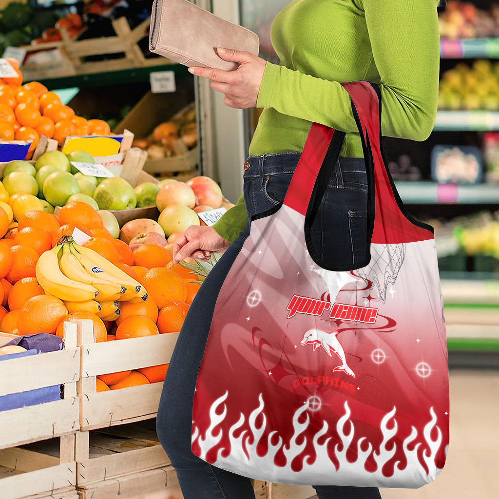 Personalized Dolphins Grocery Bag Y2K Grunge Aesthetic With Cyber Flames and Starburst Graphics