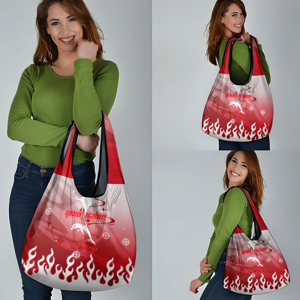 Personalized Dolphins Grocery Bag Y2K Grunge Aesthetic With Cyber Flames and Starburst Graphics