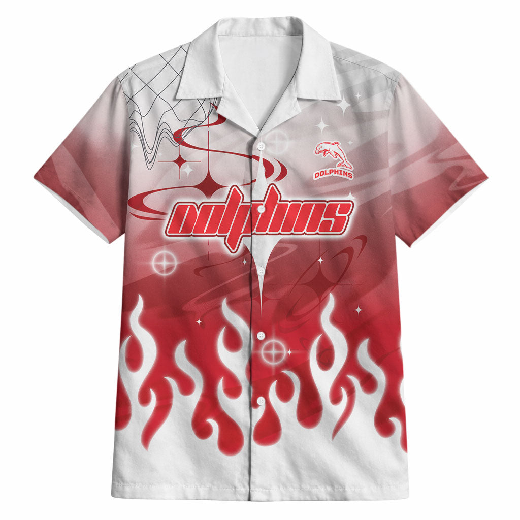 Personalized Dolphins Hawaiian Shirt Y2K Grunge Aesthetic With Cyber Flames and Starburst Graphics