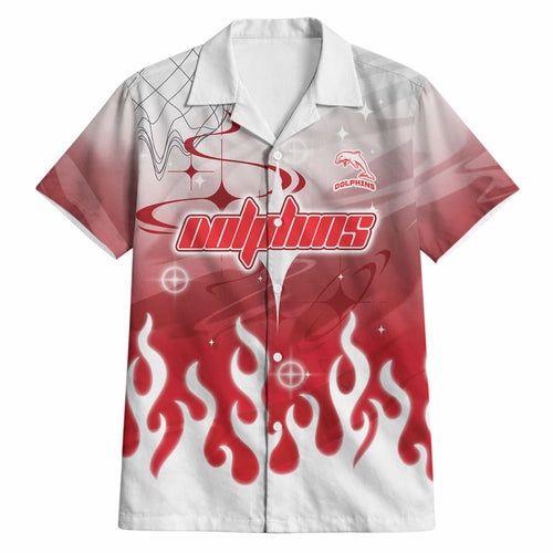 Personalized Dolphins Hawaiian Shirt Y2K Grunge Aesthetic With Cyber Flames and Starburst Graphics