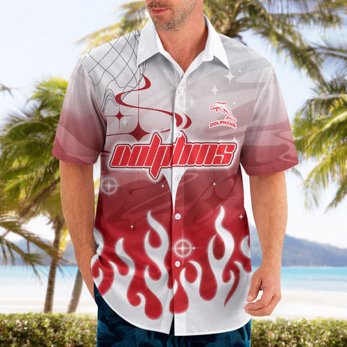 Personalized Dolphins Hawaiian Shirt Y2K Grunge Aesthetic With Cyber Flames and Starburst Graphics