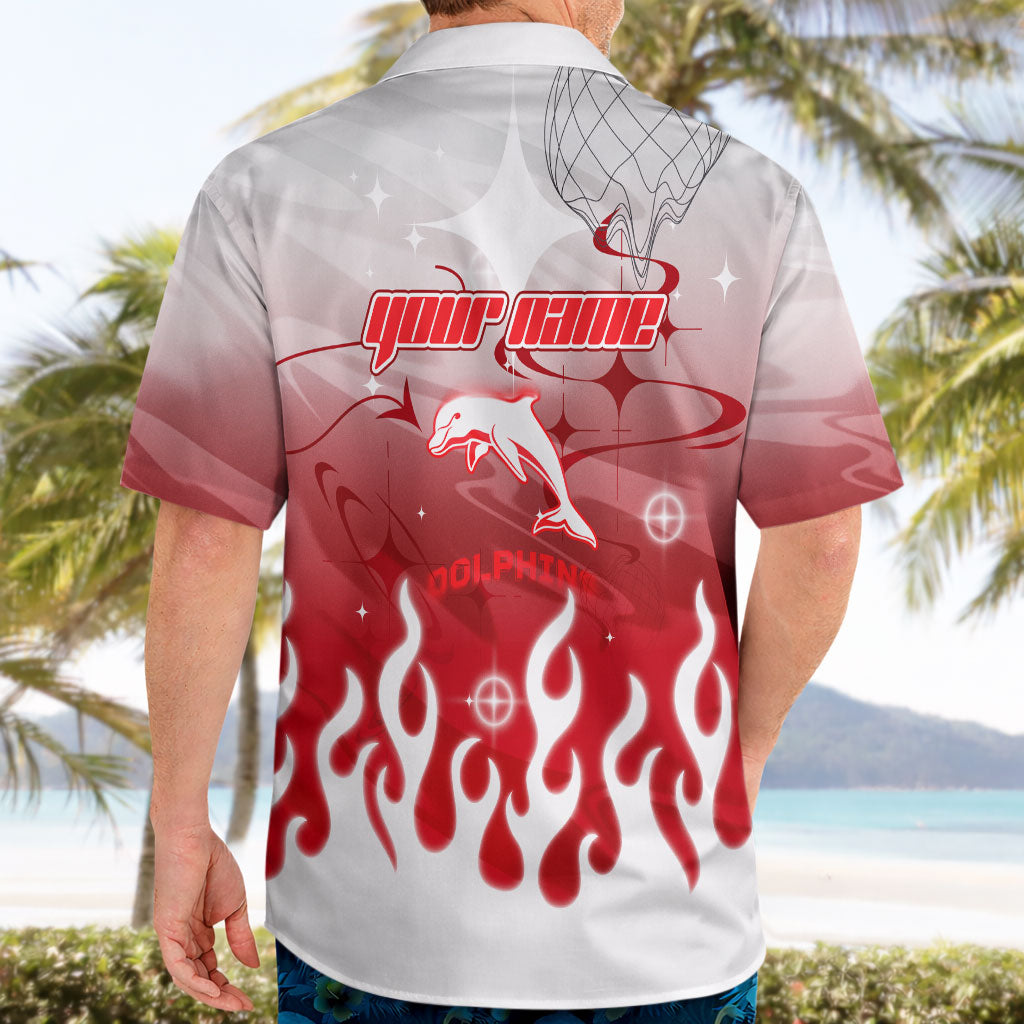 Personalized Dolphins Hawaiian Shirt Y2K Grunge Aesthetic With Cyber Flames and Starburst Graphics