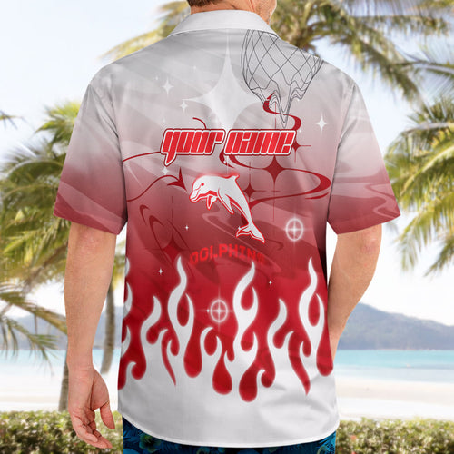 Personalized Dolphins Hawaiian Shirt Y2K Grunge Aesthetic With Cyber Flames and Starburst Graphics