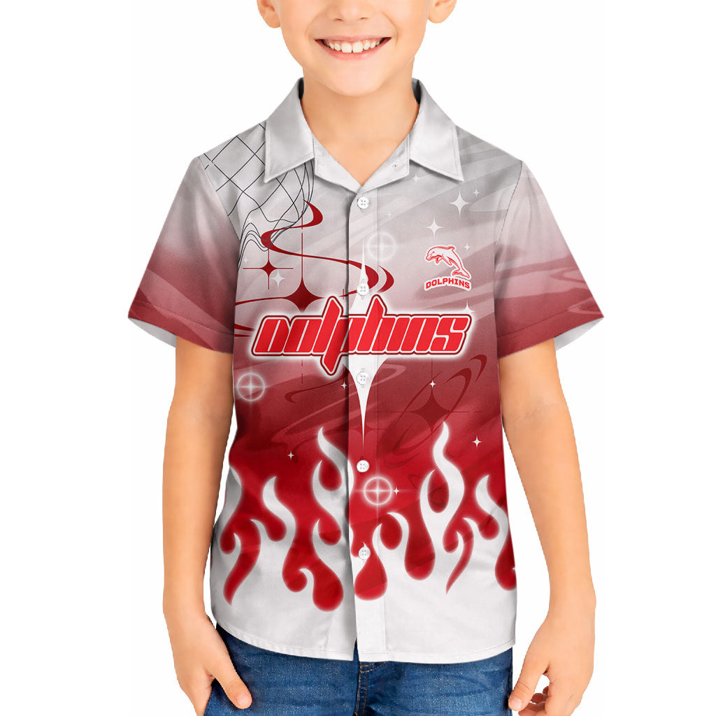 Personalized Dolphins Hawaiian Shirt Y2K Grunge Aesthetic With Cyber Flames and Starburst Graphics