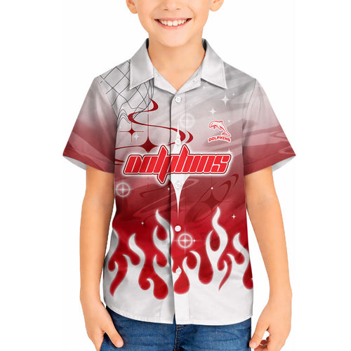 Personalized Dolphins Hawaiian Shirt Y2K Grunge Aesthetic With Cyber Flames and Starburst Graphics