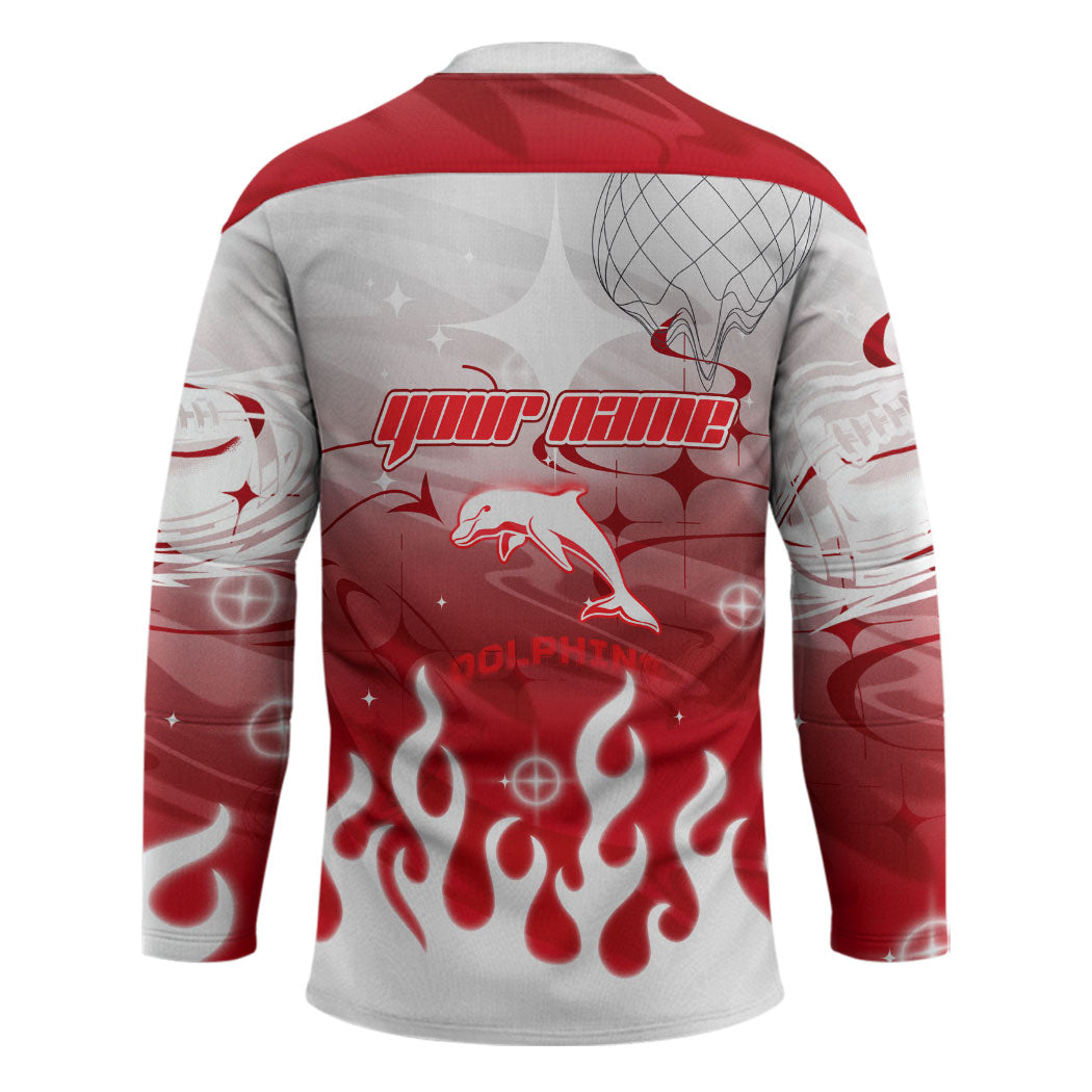Personalized Dolphins Hockey Jersey Y2K Grunge Aesthetic With Cyber Flames and Starburst Graphics