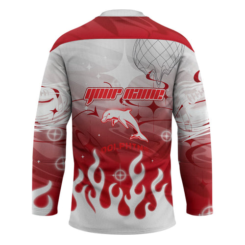 Personalized Dolphins Hockey Jersey Y2K Grunge Aesthetic With Cyber Flames and Starburst Graphics