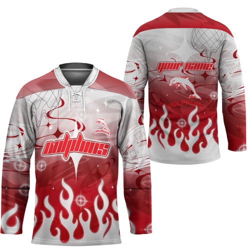 Personalized Dolphins Hockey Jersey Y2K Grunge Aesthetic With Cyber Flames and Starburst Graphics