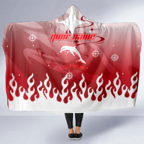 Personalized Dolphins Hooded Blanket Y2K Grunge Aesthetic With Cyber Flames and Starburst Graphics