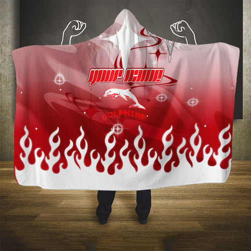 Personalized Dolphins Hooded Blanket Y2K Grunge Aesthetic With Cyber Flames and Starburst Graphics
