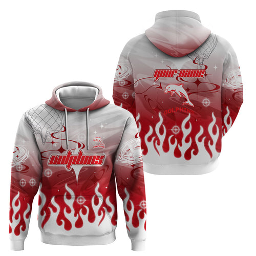 Personalized Dolphins Hoodie Y2K Grunge Aesthetic With Cyber Flames and Starburst Graphics