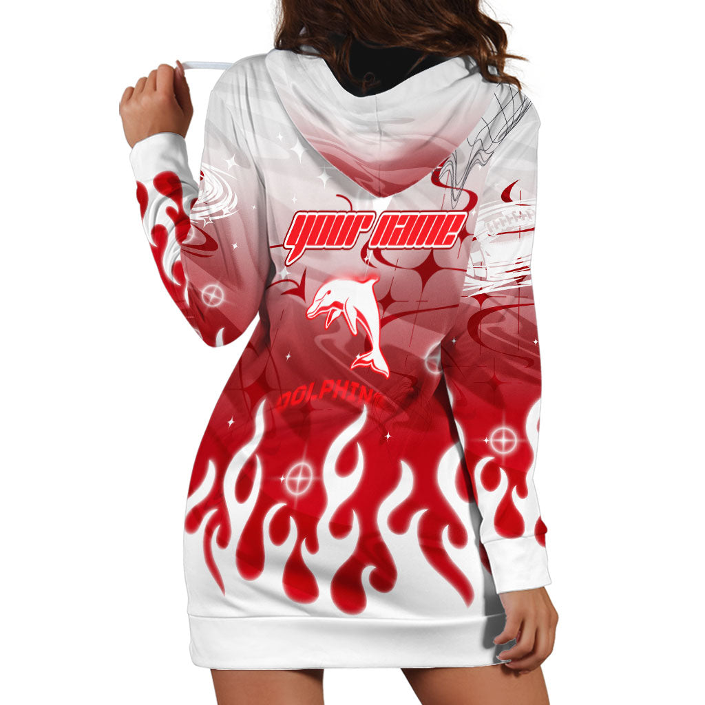 Personalized Dolphins Hoodie Dress Y2K Grunge Aesthetic With Cyber Flames and Starburst Graphics