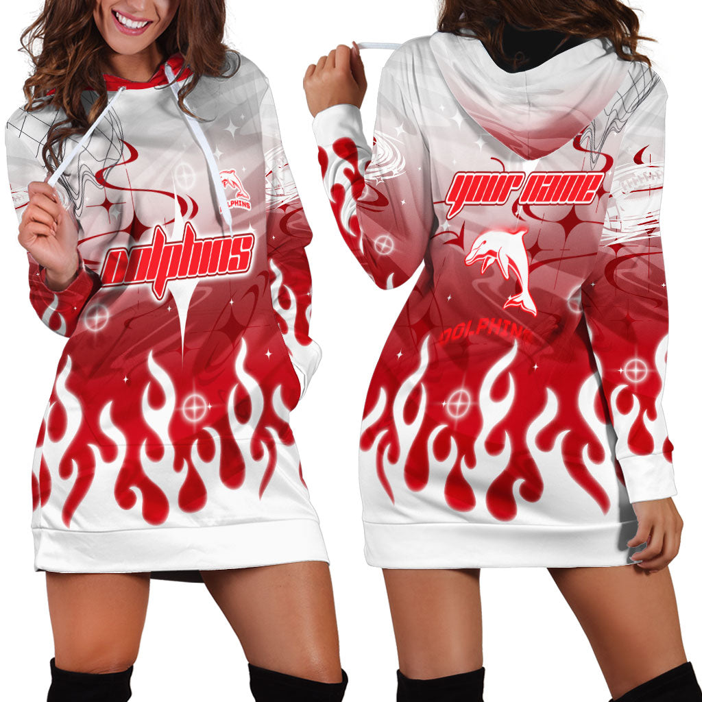 Personalized Dolphins Hoodie Dress Y2K Grunge Aesthetic With Cyber Flames and Starburst Graphics