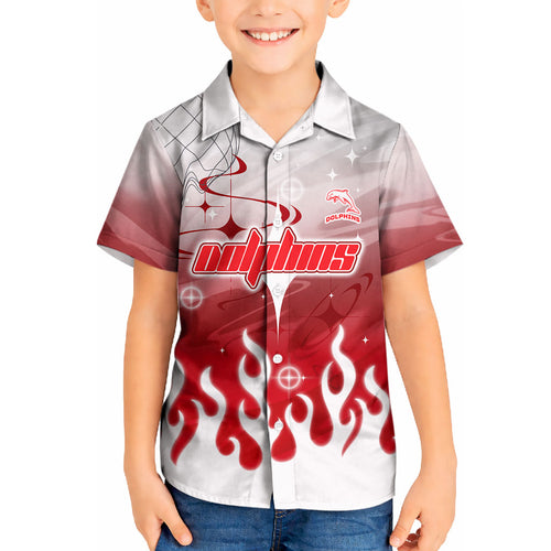 Personalized Dolphins Kid Hawaiian Shirt Y2K Grunge Aesthetic With Cyber Flames and Starburst Graphics